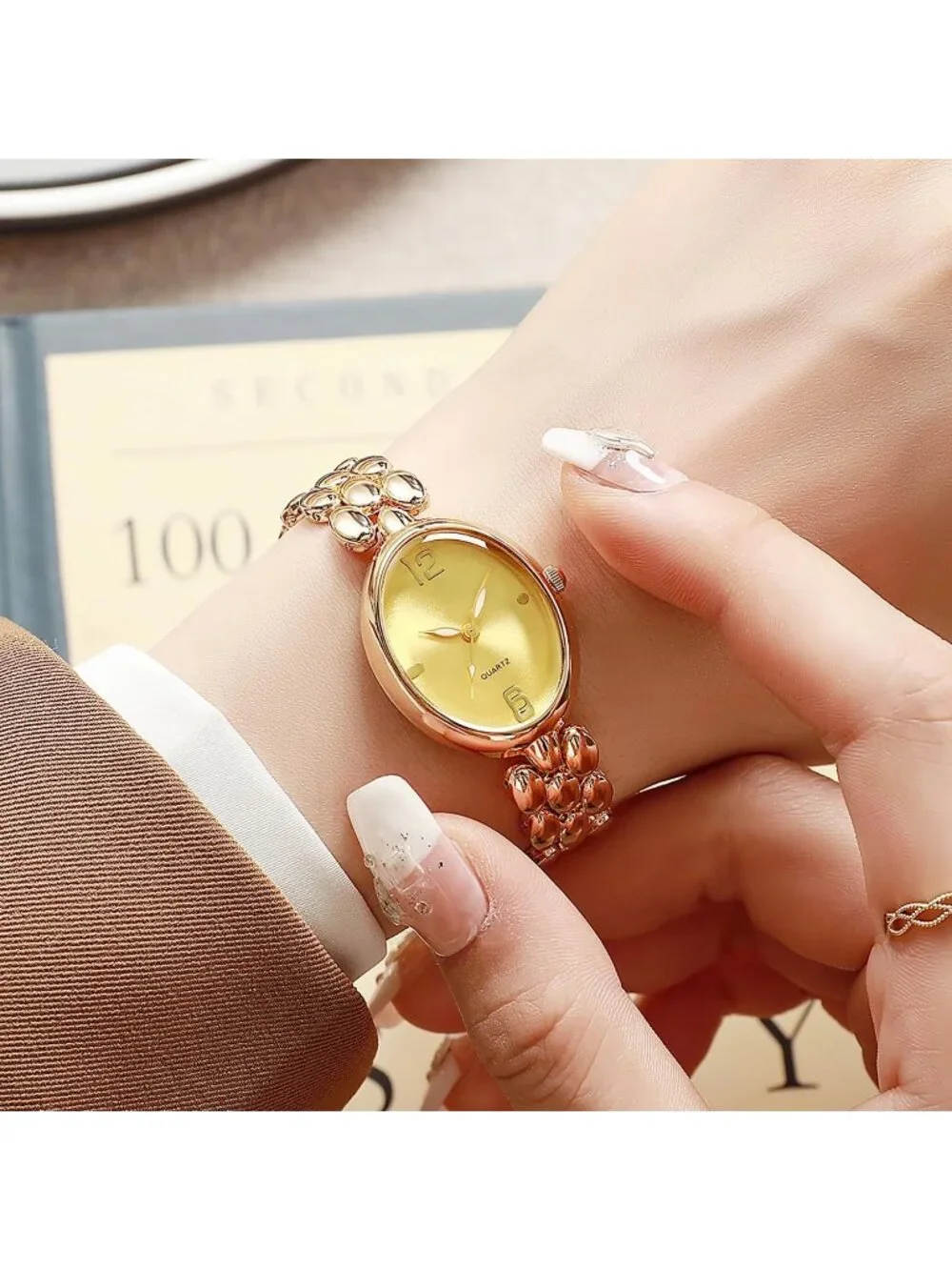 Women’s Gold Lightweight Oval Dial Quartz Analog Elegant Beaded Band Wrist Watch